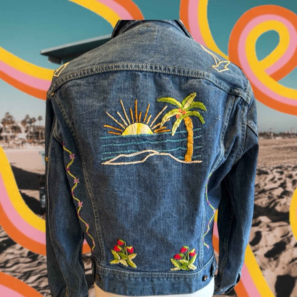 Vintage Lee Blue Denim Jacket with Handsewn Multicolor Floral Embroidery
